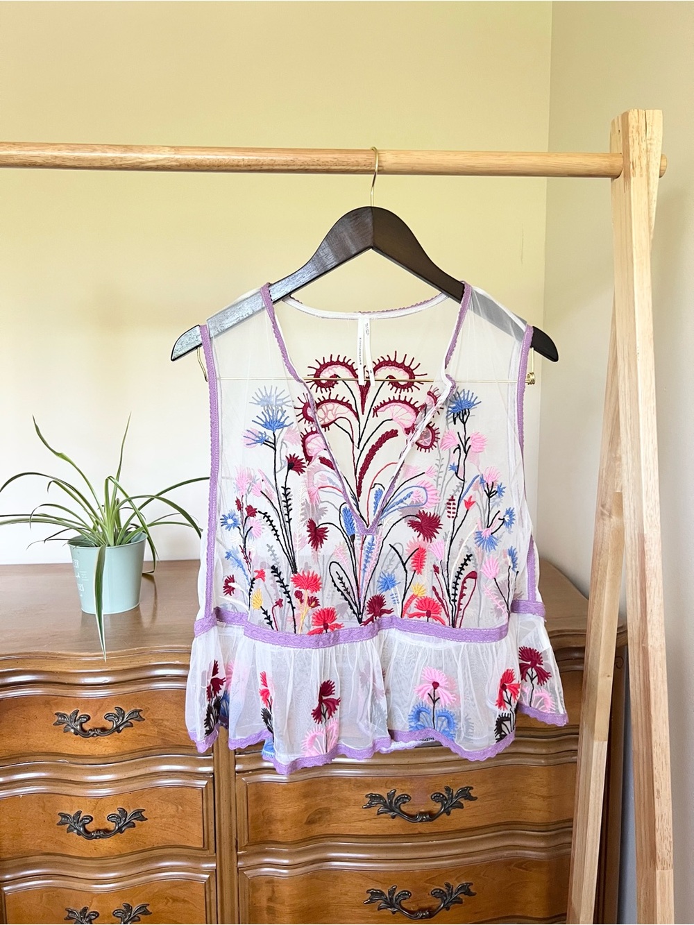 Anthropologie Sheer Embroidered Floral Tank Top - Lavender Trim